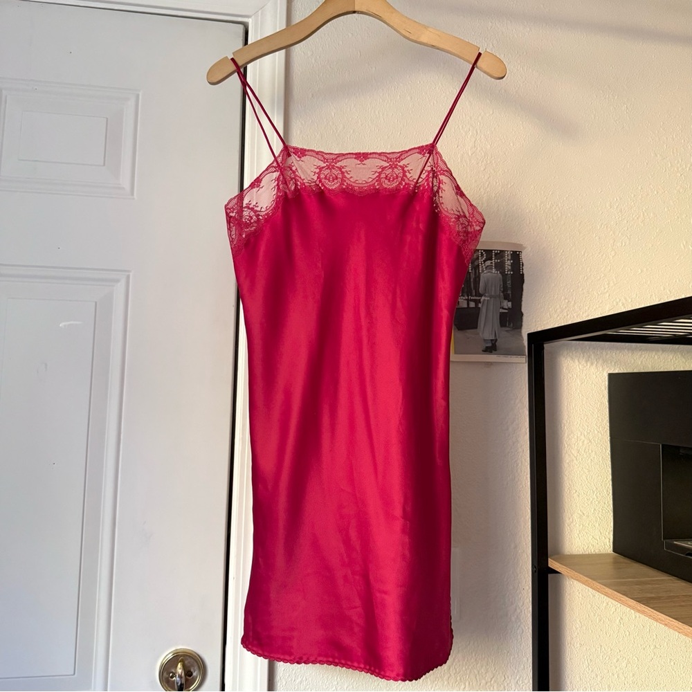 RALPH MONTENERO vintage pink red lace trim satin slip sleep pajama dress‎ mini